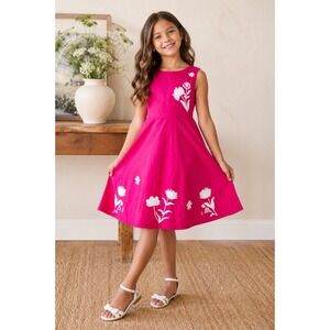 EPK Pink White Floral Embroidered Cotton Dress Girl 10Y Cottage Whimsical Preppy